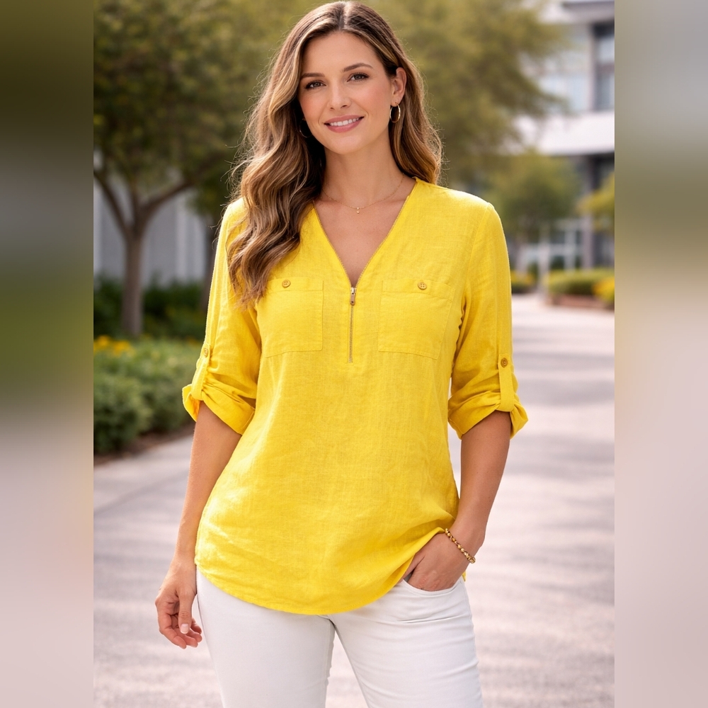 Ellen Tracy Company Linen Zip-Front Roll Tab Sleeve Top – Limeade – Size M